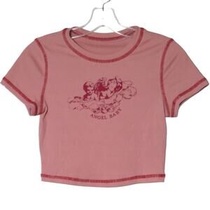 Y2K Crew Neck Crop Top Short Sleeve Pullover Ribbed Angel Baby Shirt Pink Red S